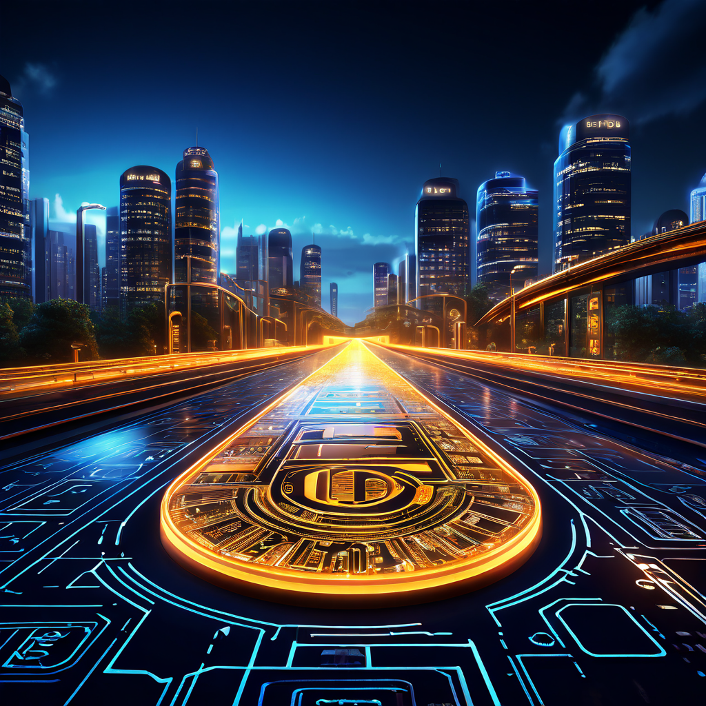 디지털 화폐가 회로 기판 위를 자유롭게 이동하며 복잡한 검증 절차를 우회하는 모습을 상징적으로 표현한 이미지로, 블록체인 기술의 효율적인 거래 처리 과정을 시각화하였습니다.