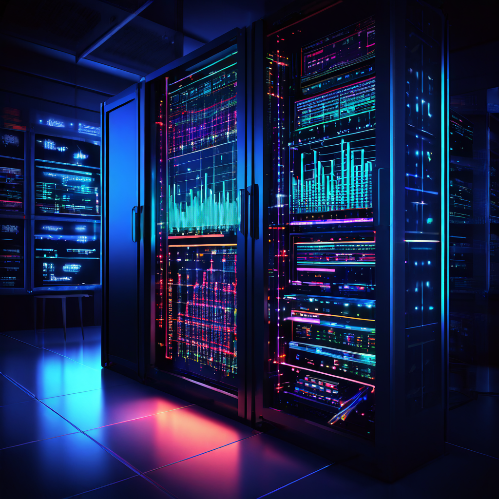 디지털 보고서의 실시간 차트와 그래프 데이터가 서버 랙으로 흘러 들어가고, 보안 취약점을 정확히 봉합하는 소프트웨어 패치가 적용되는 사이버 보안 업데이트 과정을 상징적으로 묘사한 이미지입니다.