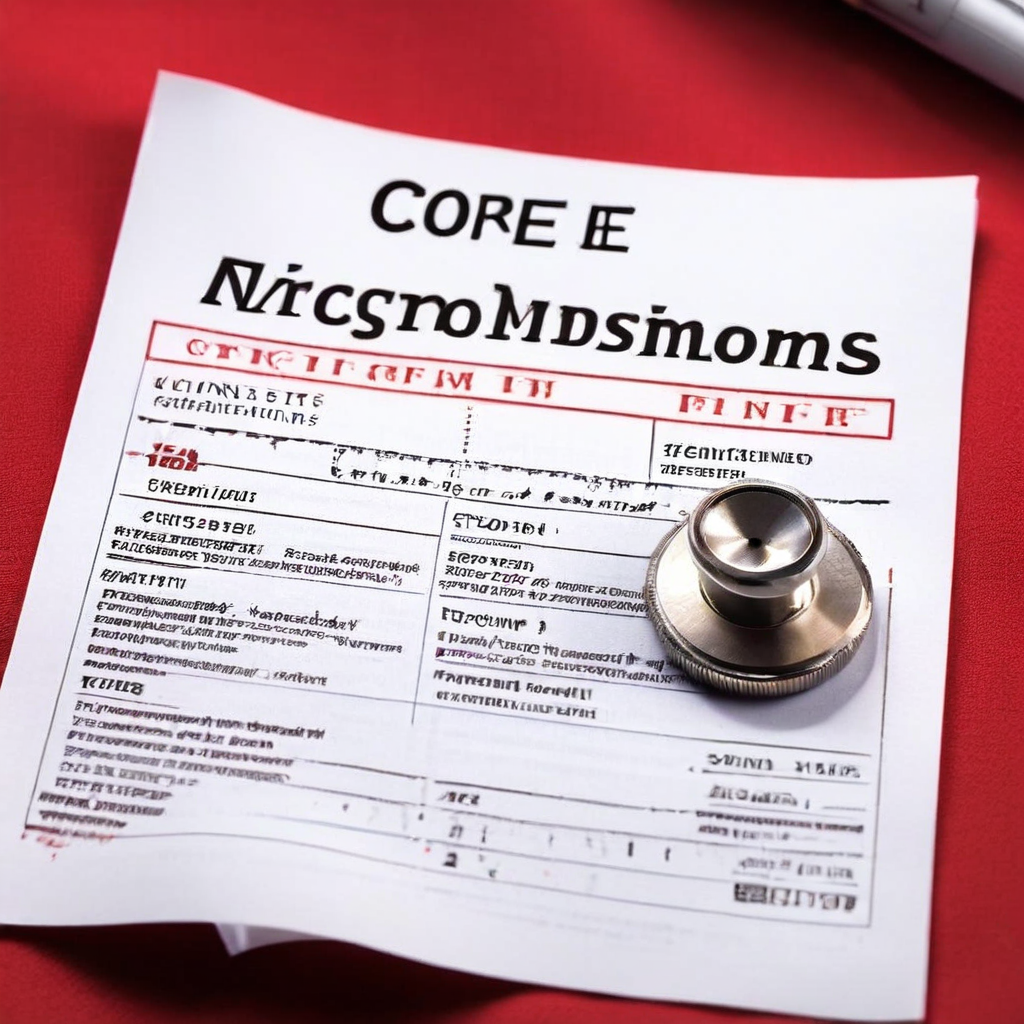 핵심 증상 진단서에 재협상을 상징하는 커다란 빨간색 RE 도장이 찍혀 있는 의료 문서로, 치료 계획의 수정이나 재평가 필요성을 시사합니다.