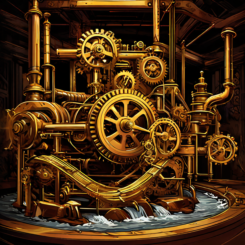 변동성이라는 레이블이 붙은 복잡한 기계의 기어가 흔들리며 관을 통해 흐르는 원활한 금전의 흐름을 방해하고 혼란시키는 모습을 상징적으로 표현한 일러스트입니다.