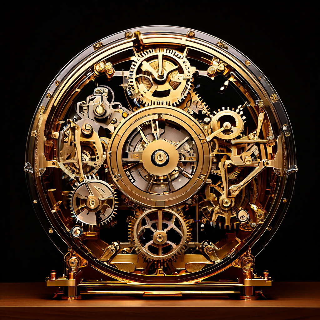 투명한 기계 내부의 정교한 기어와 계측기가 금화의 흐름을 정밀하게 조절하며 안정적인 재무 성과를 보장하는 시스템을 시각화한 이미지입니다.