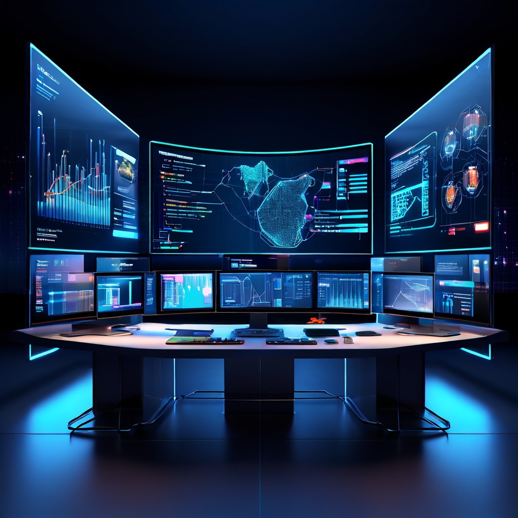 네 개의 화면이 동기화되어 각기 다른 데이터 스트림을 표시하며 연결선으로 통합된 효율적인 디지털 작업 공간의 시스템 설계를 보여주는 이미지입니다.