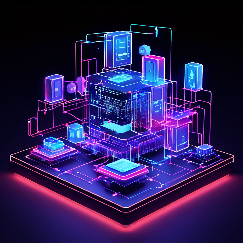 컴퓨터 시스템의 소프트웨어 계층이 재구성되며, 계층 간 실시간 데이터 동기화가 빛나는 화살표로 표시된 3차원 다이어그램입니다.